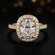 Front view of a cushion cut halo lab-grown diamond engagement ring in 18kt yellow gold.