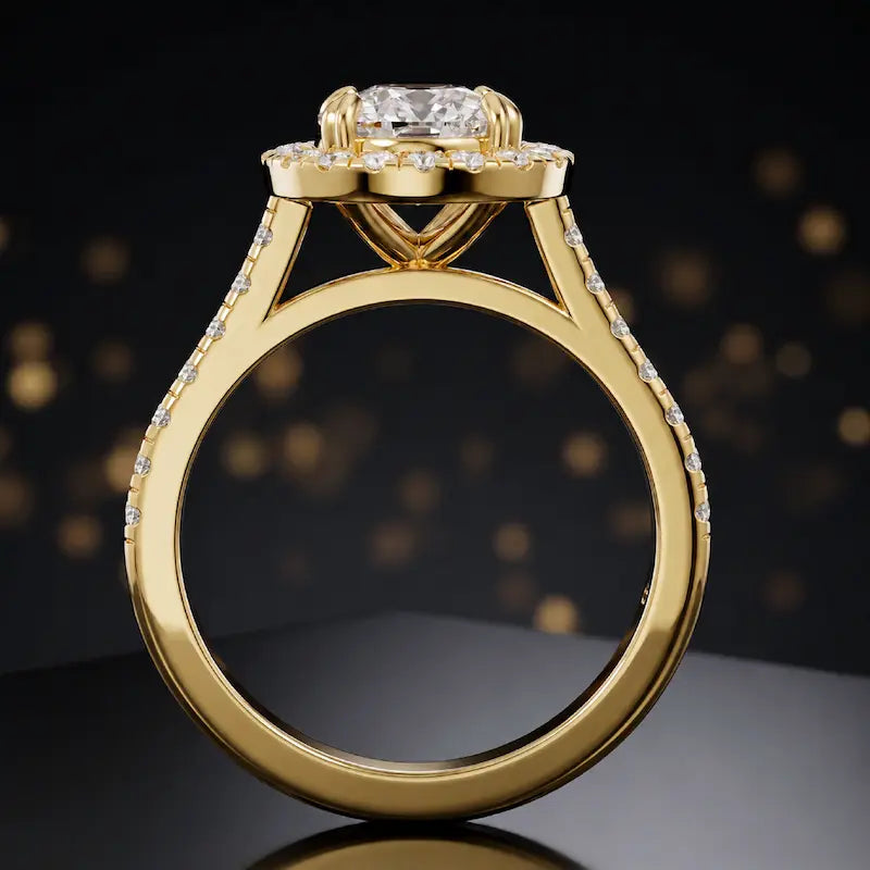 Side view of a cushion cut halo lab-grown diamond engagement ring with diamond-set shoulders in 18kt yellow gold.