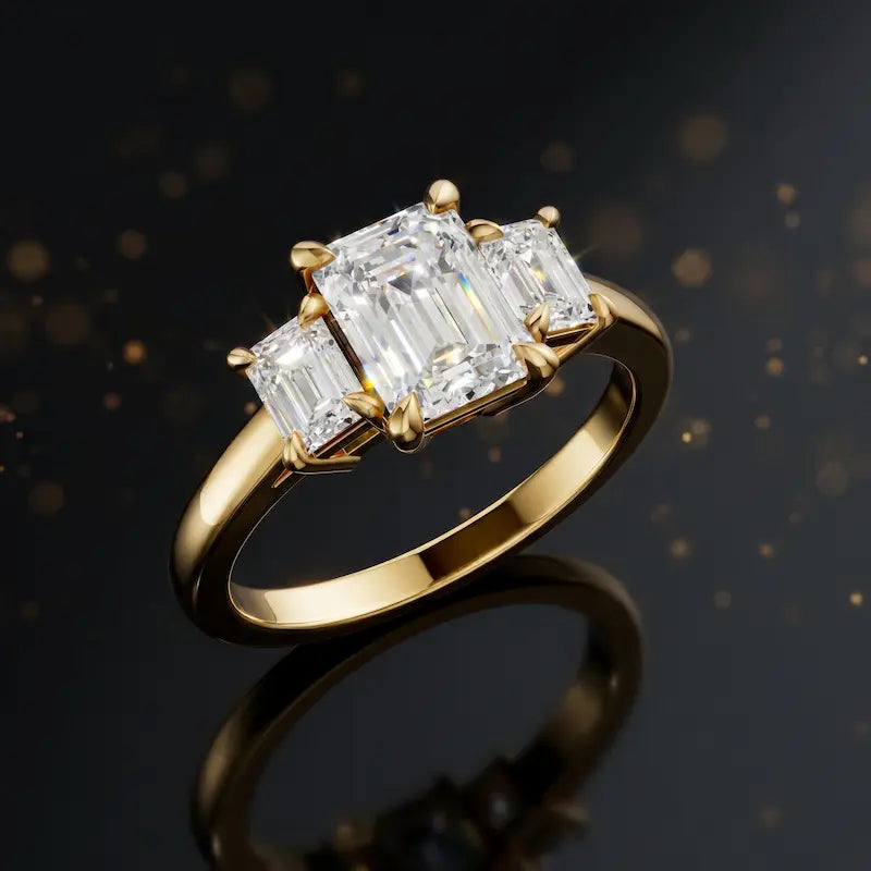 Angled view of an emerald-cut lab-grown diamond trilogy engagement ring handcrafted in polished 18kt yellow gold.