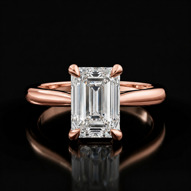 Anillo de diamantes solitario de talla esmeralda de 4 garras - Oro rosa
