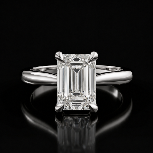 Anillo de diamantes solitario de talla esmeralda de 4 garras - Oro blanco