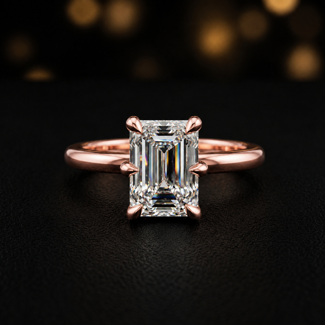 Anillo de diamantes solitario de talla esmeralda de 6 garras - Oro rosa