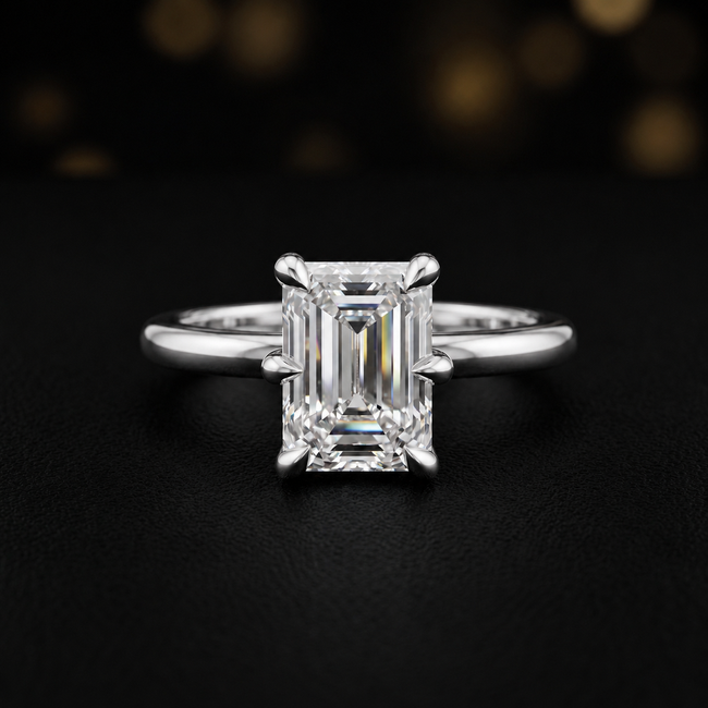Anillo de diamantes solitario de talla esmeralda de 6 garras - Oro blanco