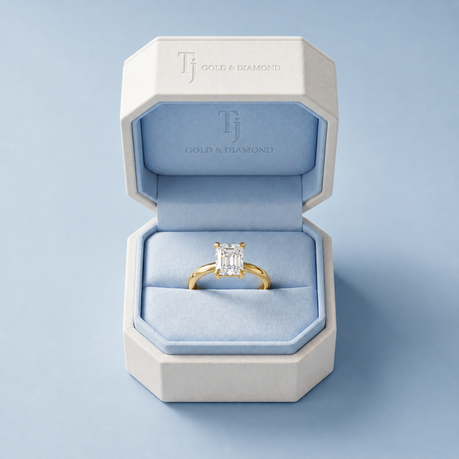 4-Claw Emerald Cut Solitaire Diamond Ring - Yellow Gold