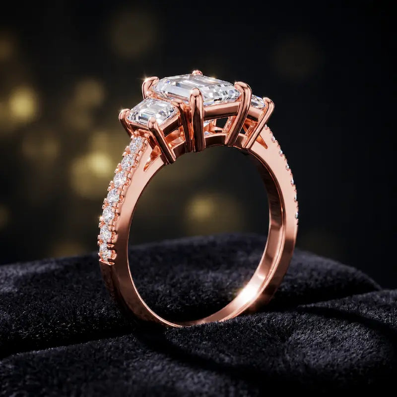 Angled view of an emerald cut three-stone lab-grown diamond engagement ring in 18kt rose gold with diamond shoulders