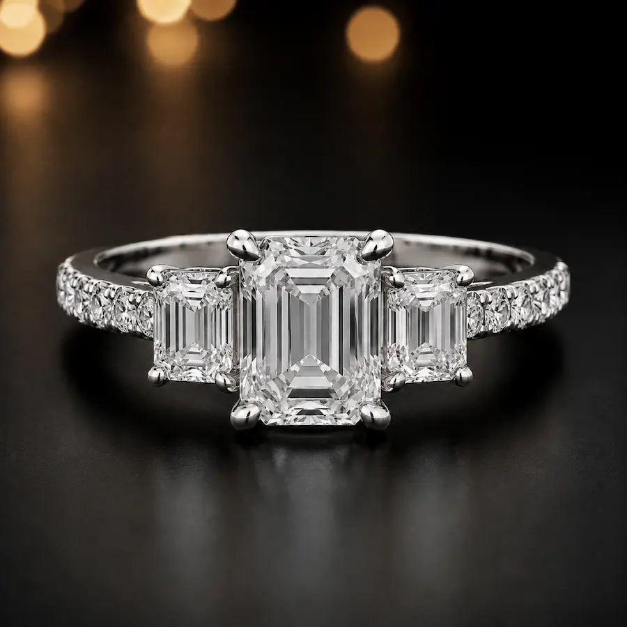 Front view of an emerald cut three-stone lab-grown diamond engagement ring in 18kt white gold with diamond shoulders