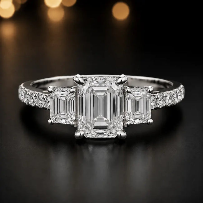 Front view of an emerald cut three-stone lab-grown diamond engagement ring in 18kt white gold with diamond shoulders