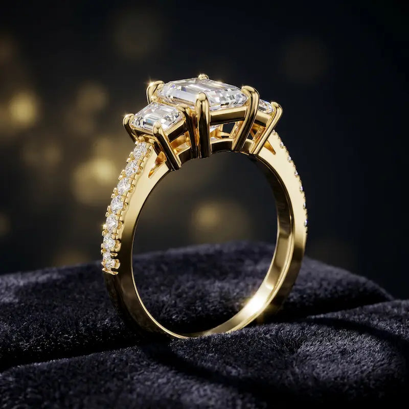 Angled view of an emerald cut three-stone lab-grown diamond engagement ring in 18kt yellow gold with diamond shoulders