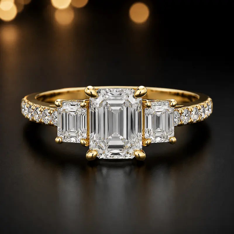 Front view of an emerald cut three-stone lab-grown diamond engagement ring in 18kt yellow gold with diamond shoulders