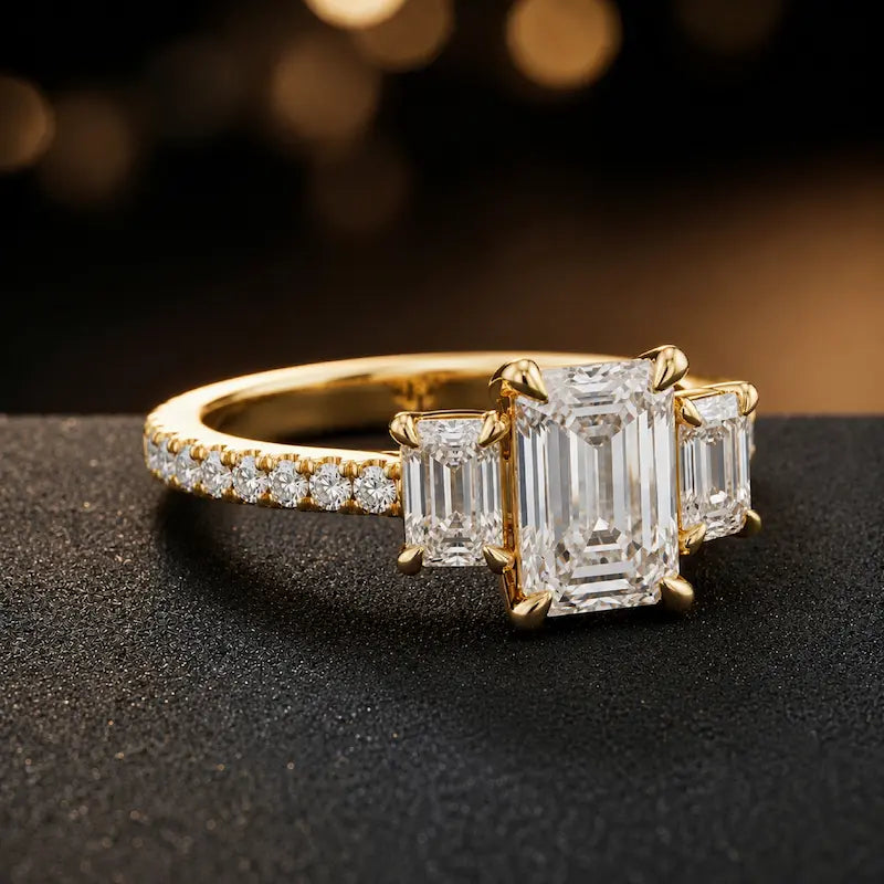 Side view of an emerald cut three-stone lab-grown diamond engagement ring in 18kt yellow gold with diamond shoulders