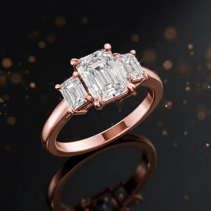Angled view of an emerald-cut lab-grown diamond trilogy engagement ring in polished 18ct rose gold.