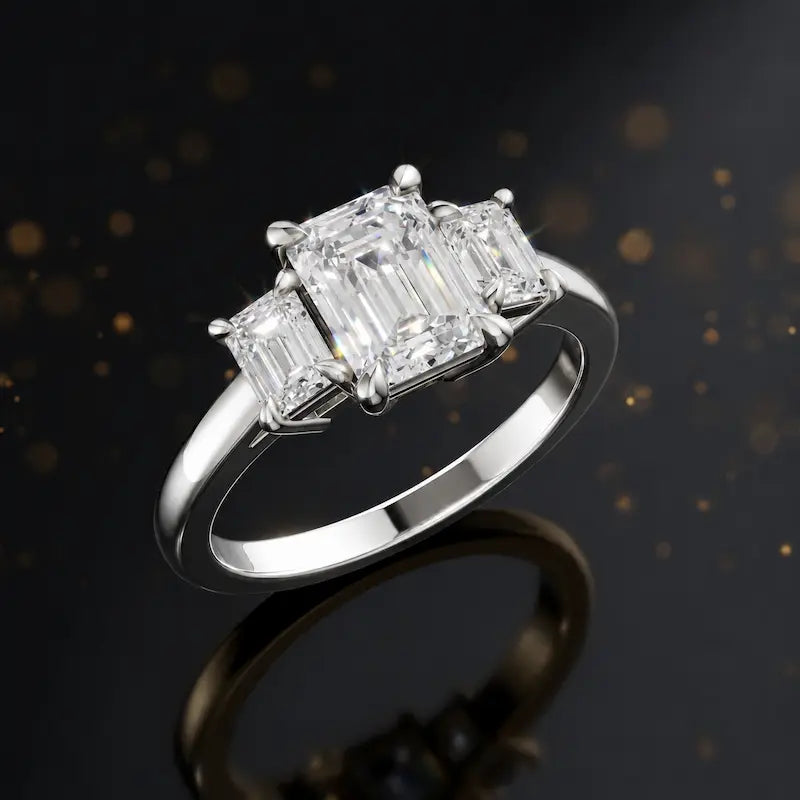 Angled view of an emerald-cut lab-grown diamond trilogy engagement ring in polished 18ct white gold.