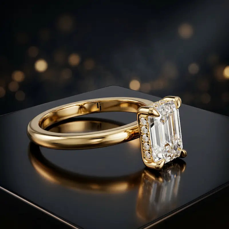 Angled view of 4-claw emerald cut engagement ring with hidden halo in 18kt yellow gold