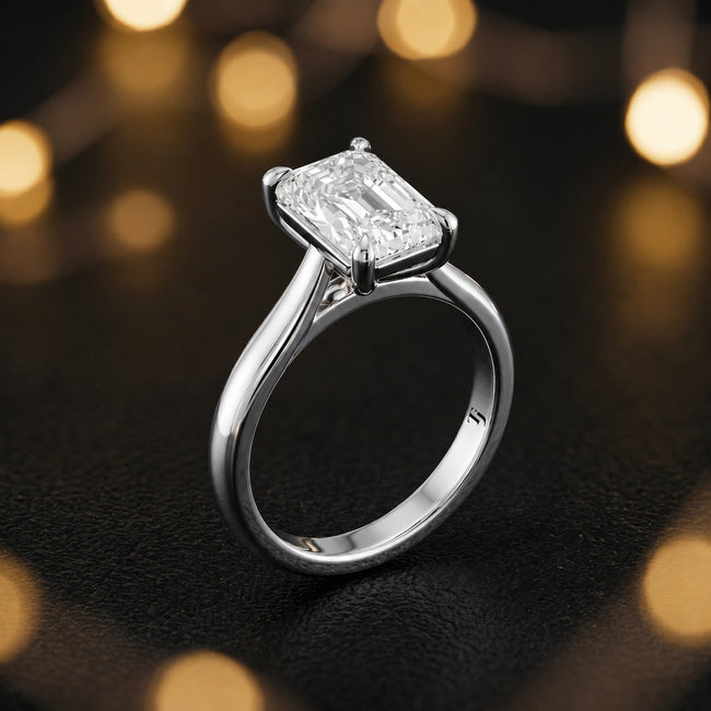 Anillo de diamantes solitario de talla esmeralda de 4 garras - Oro blanco