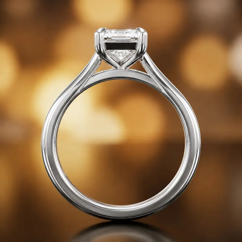Front-on view of a 1.5 carat emerald cut diamond solitaire engagement ring showing the full 18kt white gold band and 4 claw cathedral setting by TJ Diamond