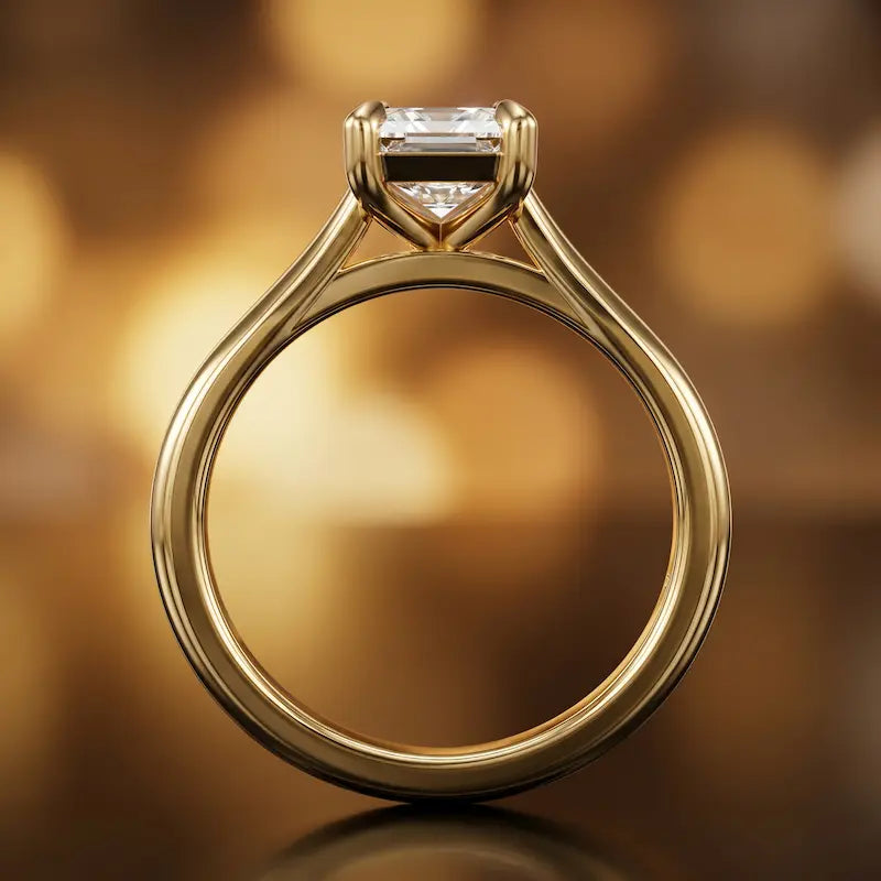 Front-on view of a 1.5 carat emerald cut diamond solitaire engagement ring showing the full 18kt yellow gold band and 4 claw cathedral setting by TJ Diamond