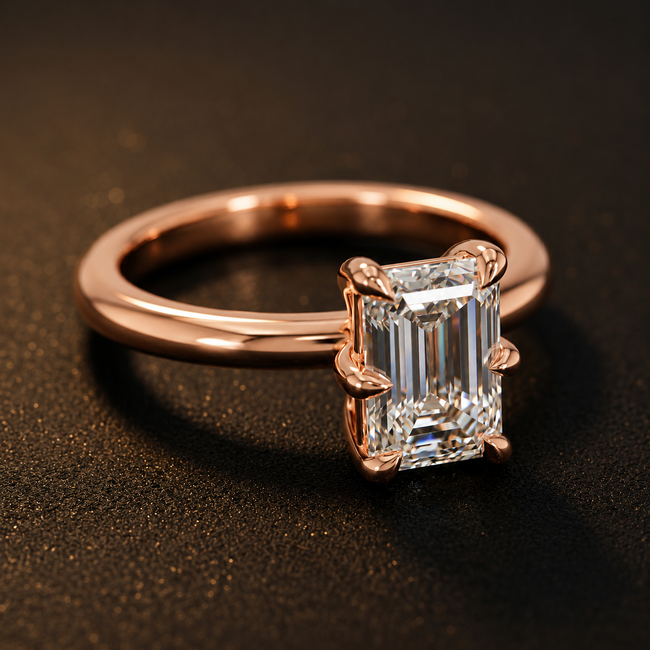 Anillo de diamantes solitario de talla esmeralda de 6 garras - Oro rosa