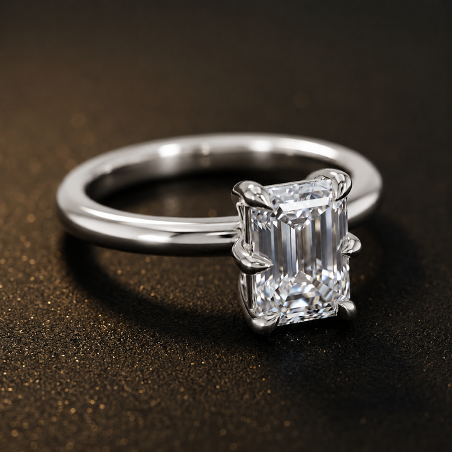 Anillo de diamantes solitario de talla esmeralda de 6 garras - Oro blanco