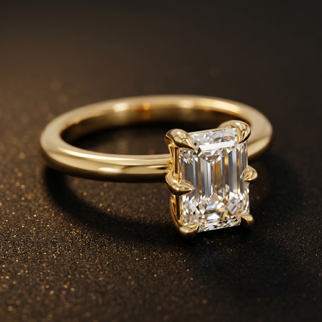 Anillo de diamantes solitario de talla esmeralda de 6 garras - Oro amarillo