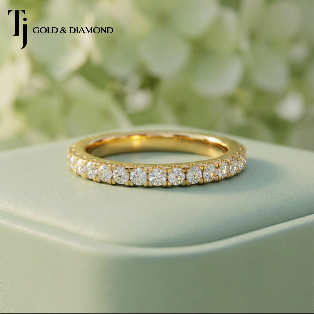 French Pavé Setting Half Eternity Diamond Wedding Band - 18K Yellow Gold