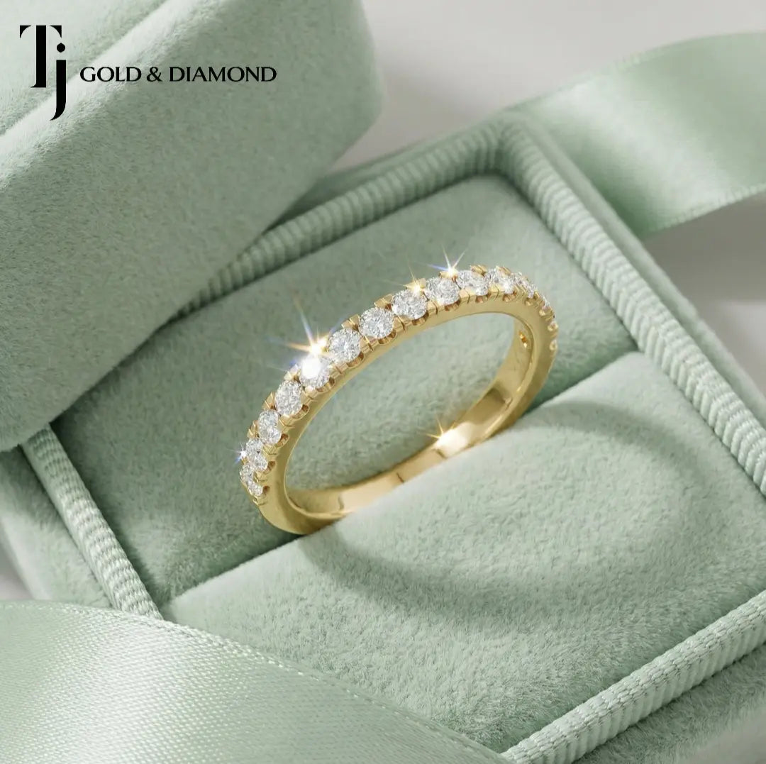 French Pavé Half Eternity diamond wedding band displayed in ring box, 18kt yellow gold with round brilliant lab-grown diamonds