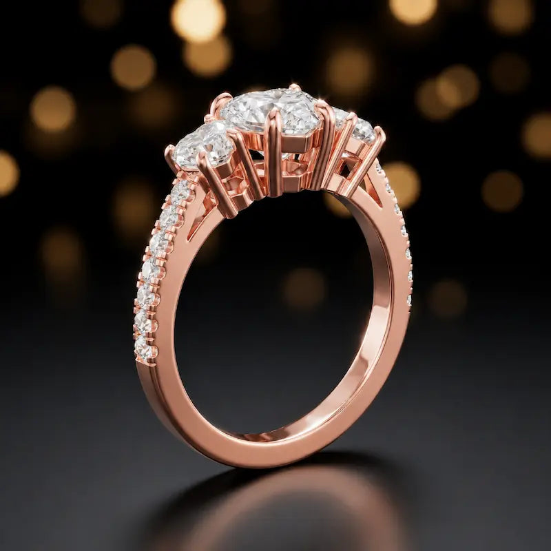 Angled view of a heart cut three-stone lab-grown diamond engagement ring in 18kt rose gold with diamond shoulders