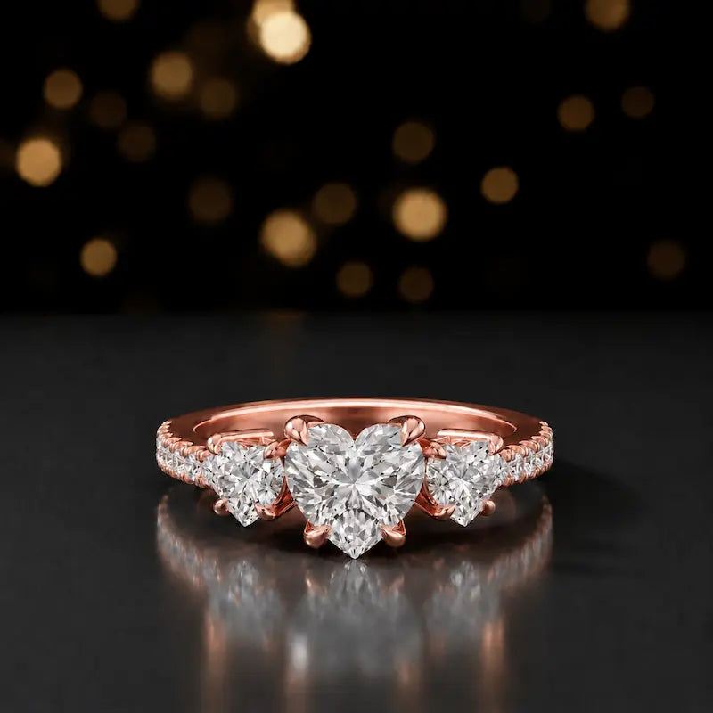 Front view of a heart cut three-stone lab-grown diamond engagement ring in 18kt rose gold with diamond shoulders