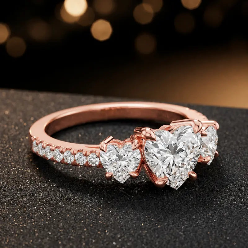 Side view of a heart cut three-stone lab-grown diamond engagement ring in 18kt rose gold with diamond shoulders