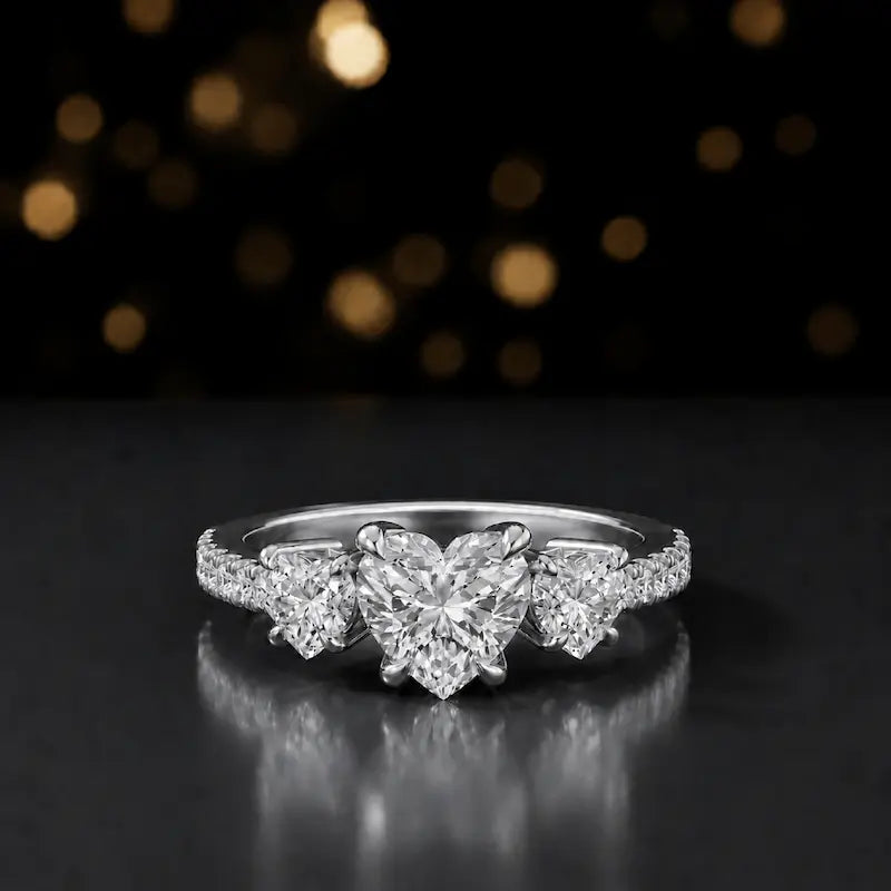 Front view of a heart cut three-stone lab-grown diamond engagement ring in 18kt white gold with diamond shoulders