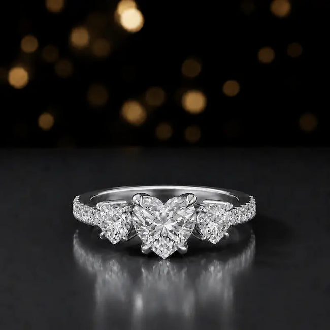 Front view of a heart cut three-stone lab-grown diamond engagement ring in 18kt white gold with diamond shoulders
