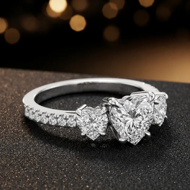Side view of a heart cut three-stone lab-grown diamond engagement ring in 18kt white gold with diamond shoulders