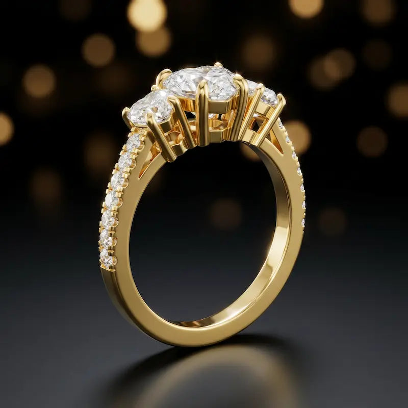 Angled view of a heart cut three-stone lab-grown diamond engagement ring in 18kt yellow gold with diamond shoulders