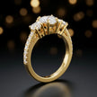 Angled view of a heart cut three-stone lab-grown diamond engagement ring in 18kt yellow gold with diamond shoulders