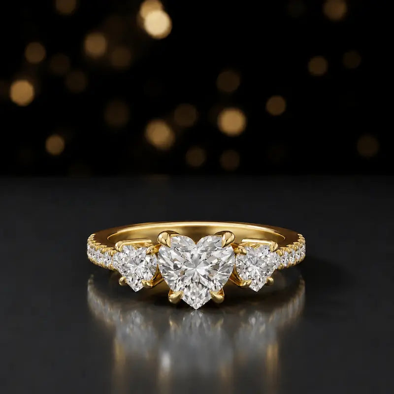 Front view of a heart cut three-stone lab-grown diamond engagement ring in 18kt yellow gold with diamond shoulders
