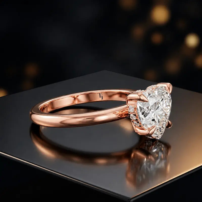 Angled view of 4-claw heart cut engagement ring with hidden halo in 18kt rose gold