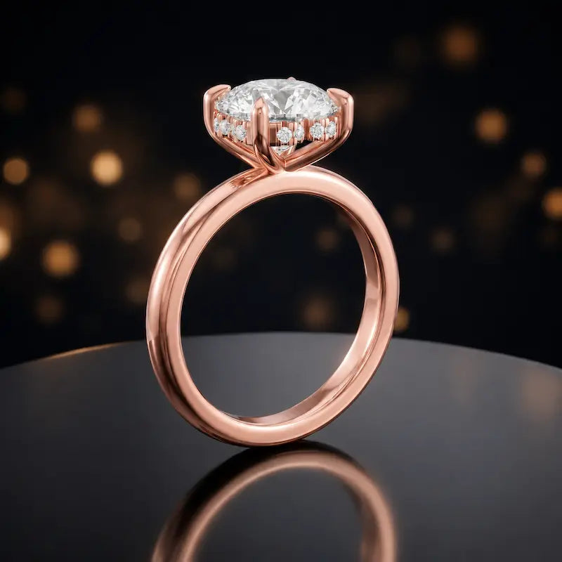 Front view of 4-claw heart cut engagement ring with hidden halo in 18kt rose gold