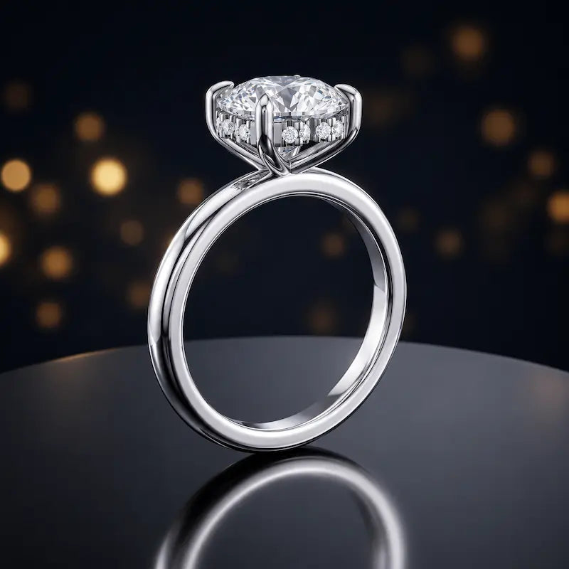 Front view of 4-claw heart cut engagement ring with hidden halo in 18kt white gold