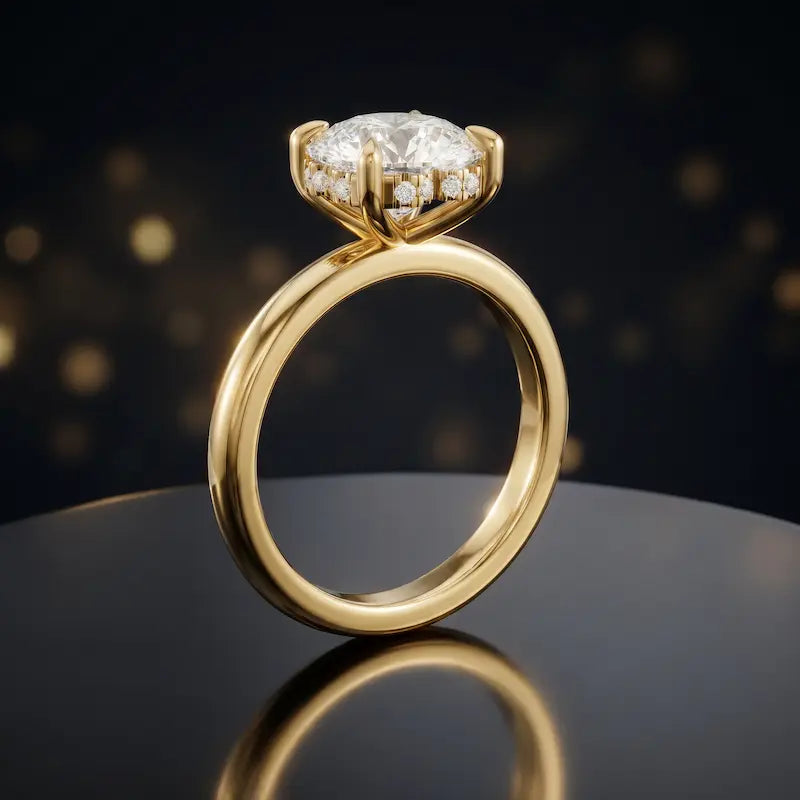 Front view of 4-claw heart cut engagement ring with hidden halo in 18kt yellow gold