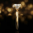 Side profile of 4-claw heart cut engagement ring with hidden halo in 18kt yellow gold
