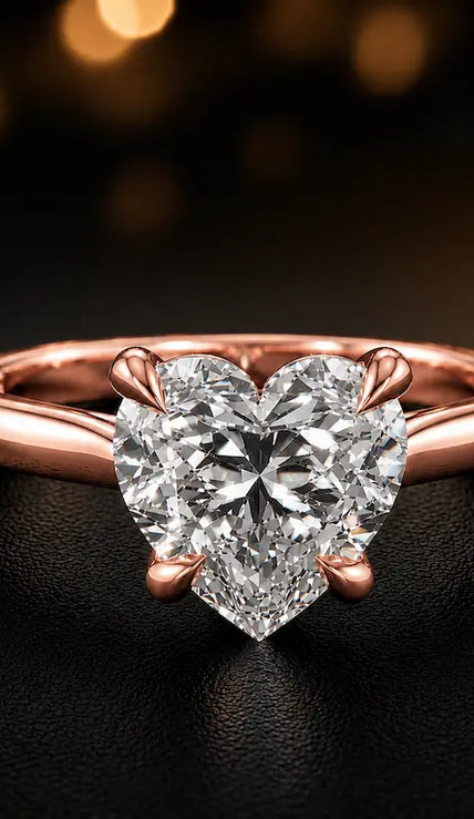 Front view of a 1.5 carat heart cut diamond solitaire engagement ring in an 18kt rose gold 4 claw setting by TJ Diamond