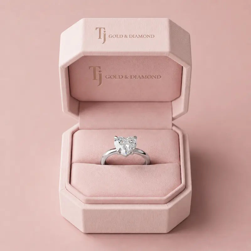  1.5 carat heart cut lab-grown diamond solitaire engagement ring in 18kt white gold in a TJ Diamond box