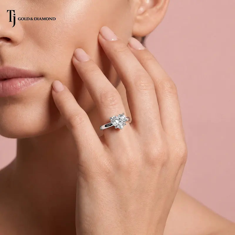 1.5 carat heart cut lab-grown diamond solitaire engagement ring in 18kt white gold on model