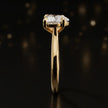 Side profile of a 1.5 carat heart cut diamond solitaire engagement ring showing the cathedral setting and 18kt yellow gold band by TJ Diamond