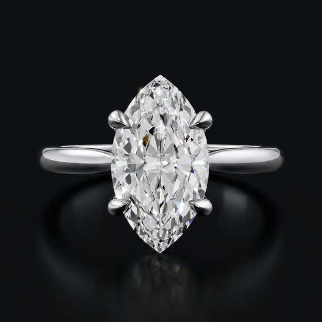 Anillo de diamantes solitario de talla marquesa de 4 garras - Oro blanco
