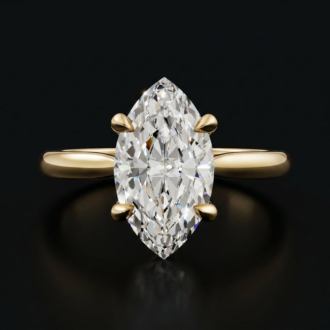 Anillo de diamantes solitario de talla marquesa de 4 garras - Oro amarillo