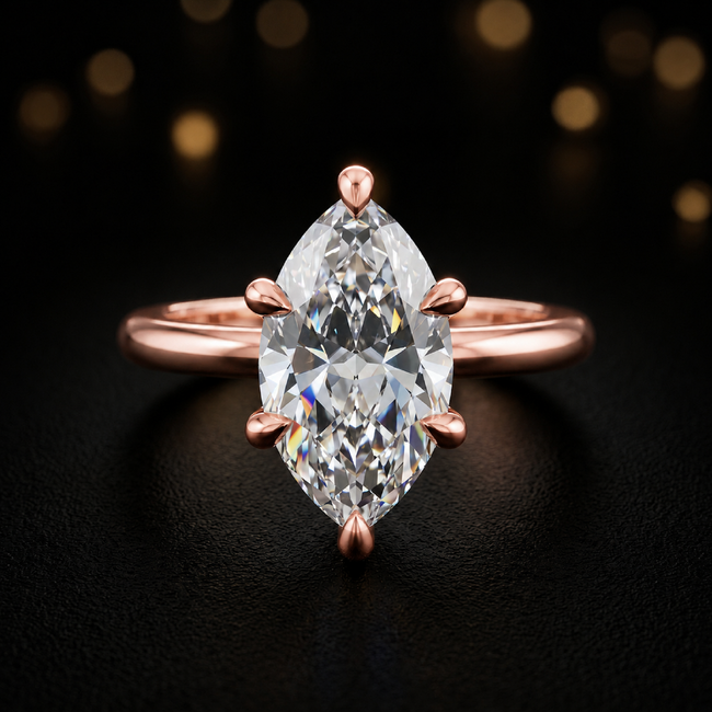 Anillo de diamantes solitario de talla marquesa de 6 garras - Oro rosa