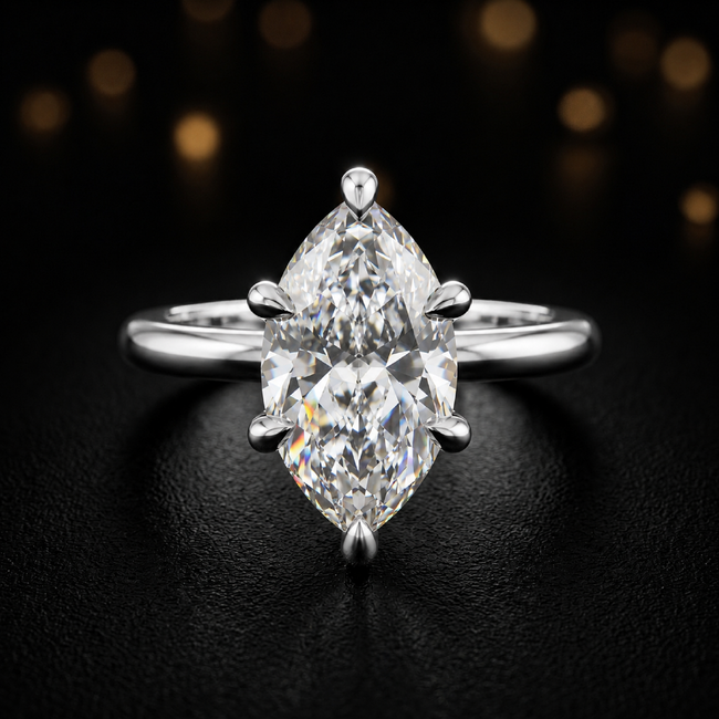 Anillo de diamantes solitario de talla marquesa de 6 garras - Oro blanco