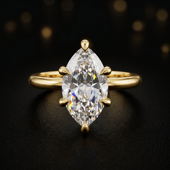 Anillo de diamantes solitario de talla marquesa de 6 garras - Oro amarillo
