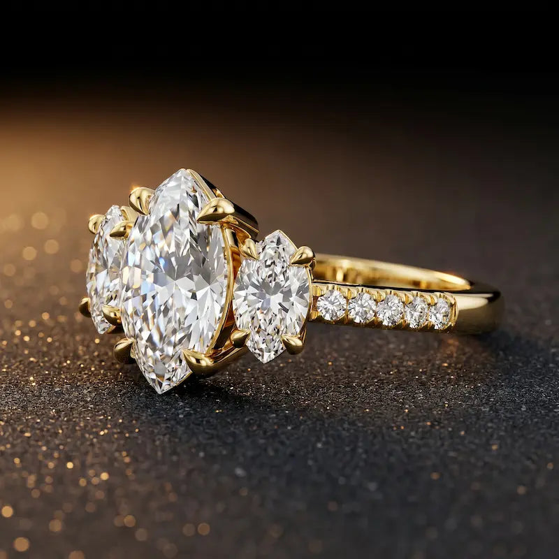 Side view of a marquise cut three-stone lab-grown diamond engagement ring in 18kt yellow gold with diamond shoulders