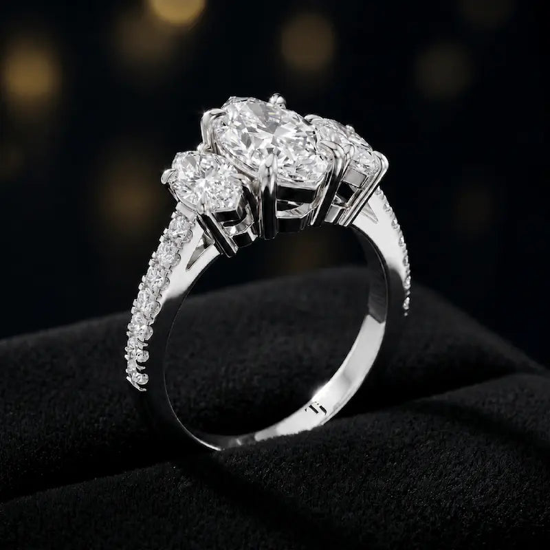 Angled view of a marquise cut three-stone lab-grown diamond engagement ring in 18kt white gold with diamond shoulders